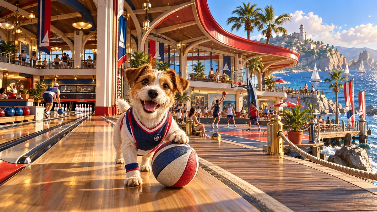 A magnificent seaside games pavilion with curved red roof, bowling lanes, basketball court and boardwalk, a small terrier athlete holding a ball in foreground, panoramic sunlit cinematic view.