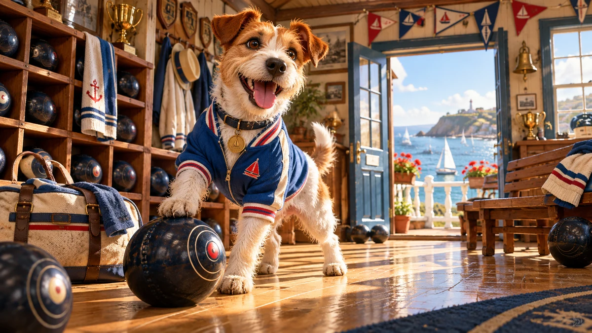 An energetic terrier wearing a blue sports jacket in a sunlit clubhouse equipment room with bowling balls, pennants and wooden benches, charming portrait.